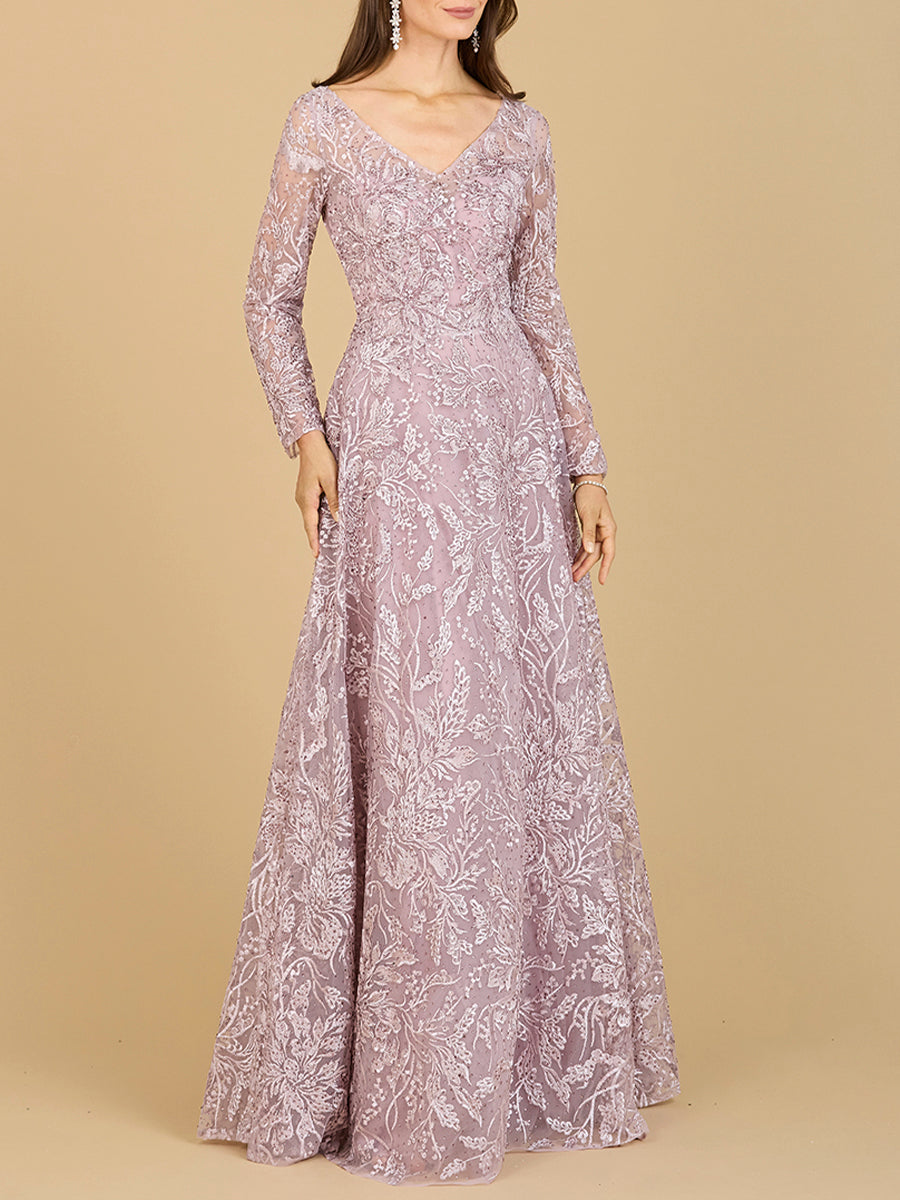 A-line Gown With Long Sleeves, V-Neckline - JUSTLUXURY