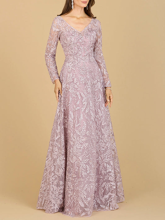 A-line Gown With Long Sleeves, V-Neckline - JUSTLUXURY