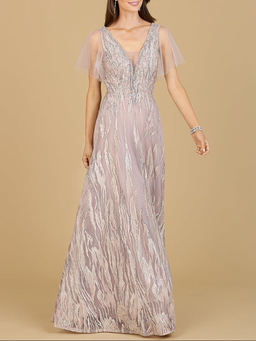 Cape Sleeve V-Neck Gown  - OUTLET - JUSTLUXURY