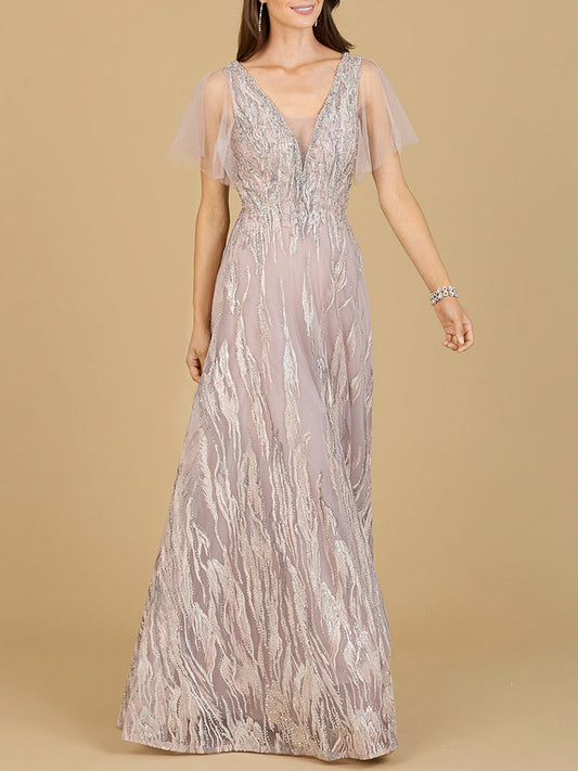 Cape Sleeve V-Neck Gown  - OUTLET - JUSTLUXURY