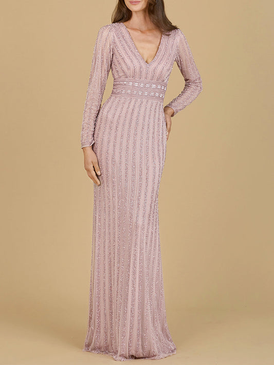 Long Sleeve V-Neck Beaded Gown - JUSTLUXURY
