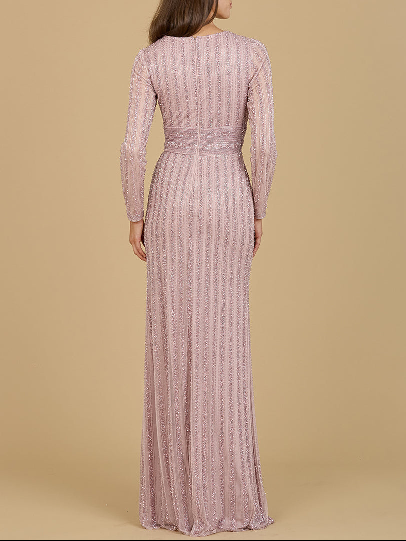Long Sleeve V-Neck Beaded Gown - JUSTLUXURY