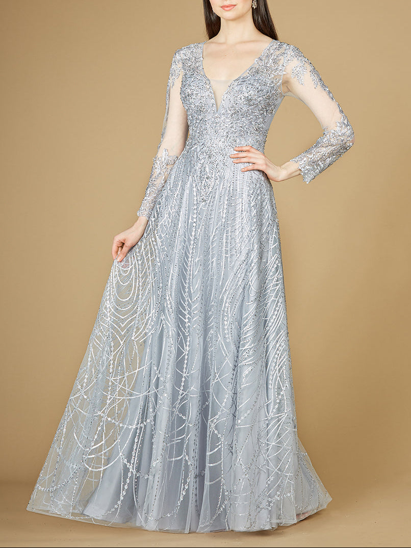 Long Sheer Sleeve V-Neckline Sheath Gown - JUSTLUXURY