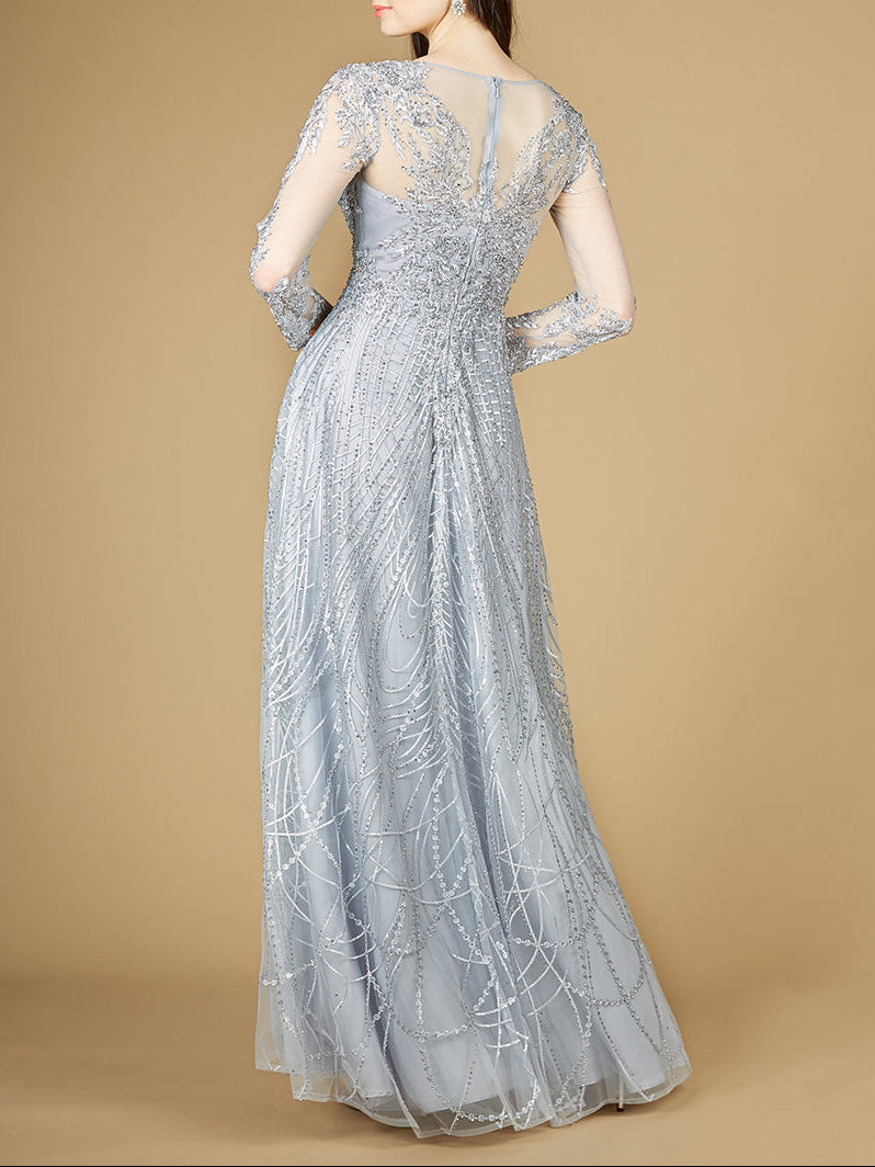 Long Sheer Sleeve V-Neckline Sheath Gown - JUSTLUXURY