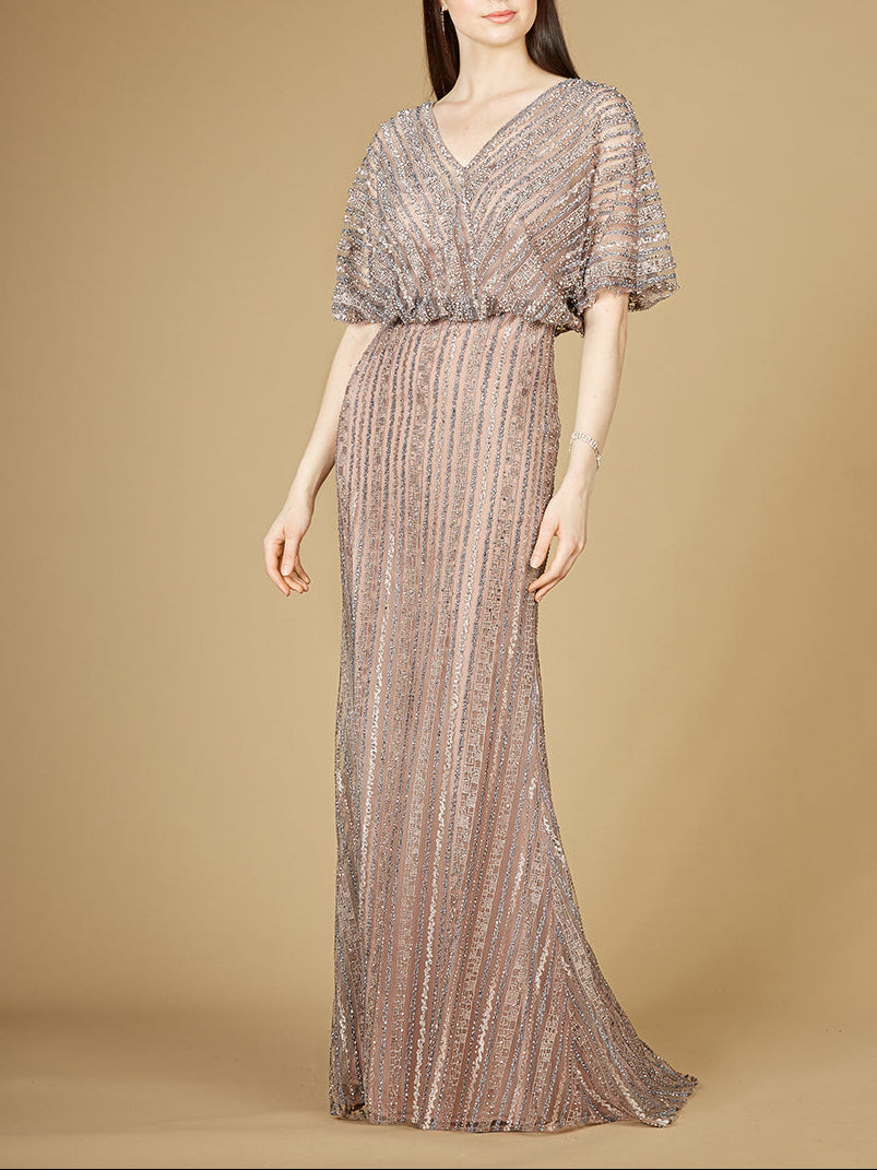 Cape Sleeve V-Neck Gown with Geometric Beading - JUSTLUXURY