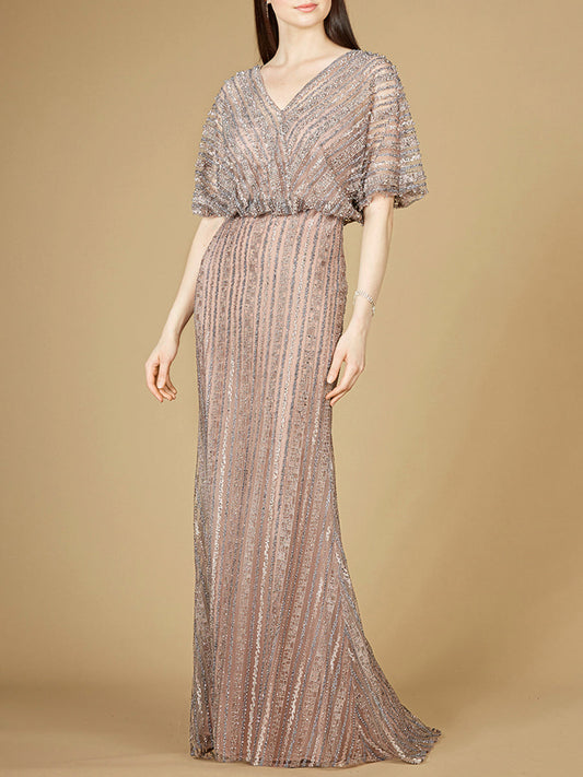 Cape Sleeve V-Neck Gown with Geometric Beading - JUSTLUXURY