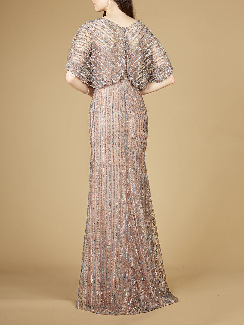 Cape Sleeve V-Neck Gown with Geometric Beading - JUSTLUXURY