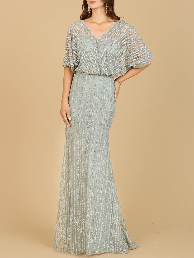 Cape Sleeve V-Neck Gown with Geometric Beading - JUSTLUXURY