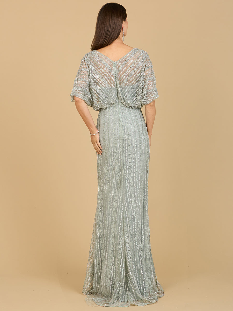 Cape Sleeve V-Neck Gown with Geometric Beading - JUSTLUXURY