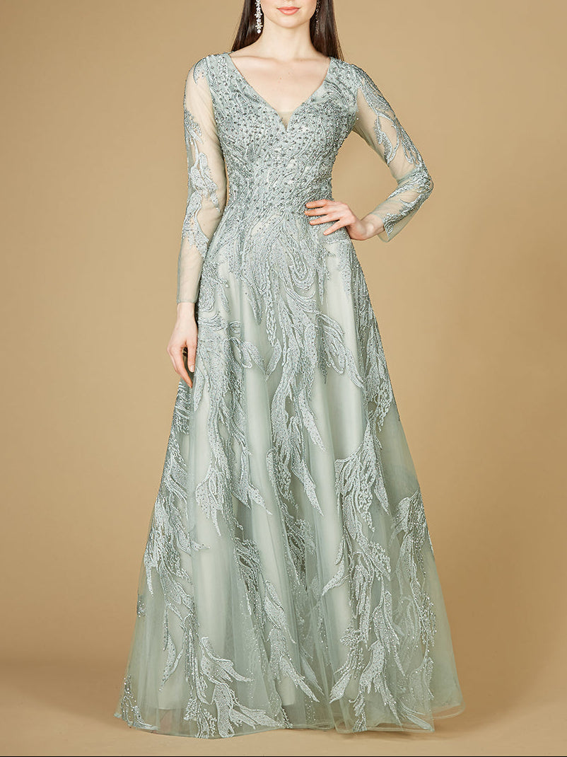 Long Sleeve Lace Ballgown with V-Neck - JUSTLUXURY