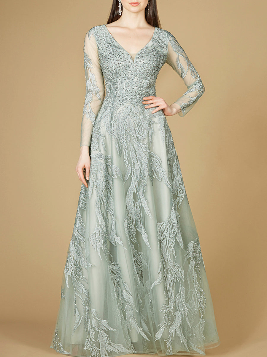 Long Sleeve Lace Ballgown with V-Neck - JUSTLUXURY