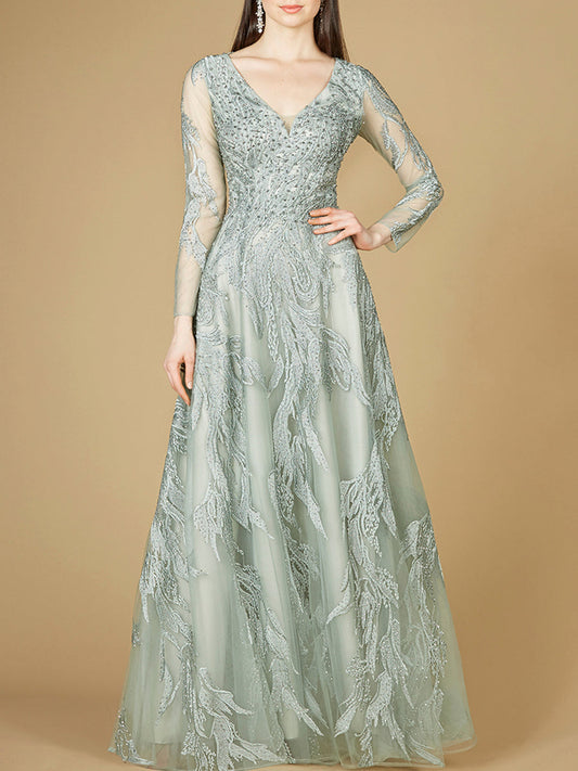 Long Sleeve Lace Ballgown with V-Neck - JUSTLUXURY