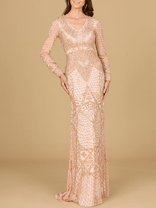 Beaded Long Sleeve V-neck Gown - JUSTLUXURY