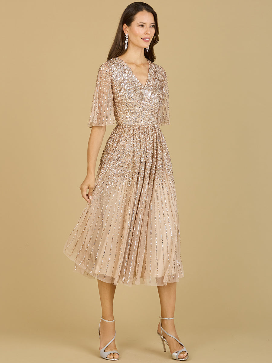 Flowing, Sequin Midi Dress with Short Sleeves | 29221 - JUSTLUXURY
