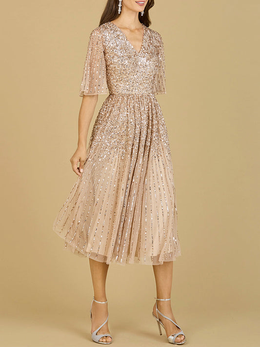Flowing, Sequin Midi Dress with Short Sleeves | 29221 - JUSTLUXURY