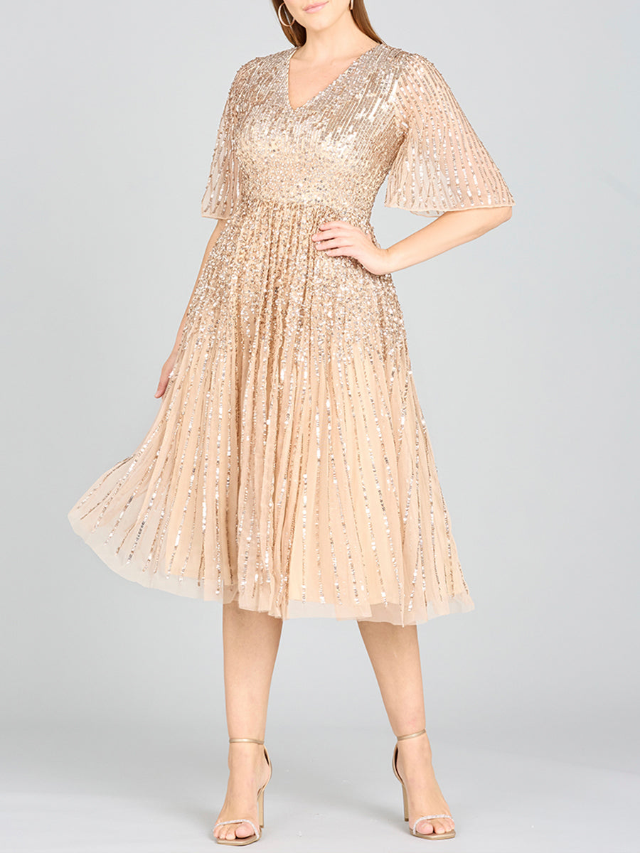 Flowing, Sequin Midi Dress with Short Sleeves | 29221 - JUSTLUXURY