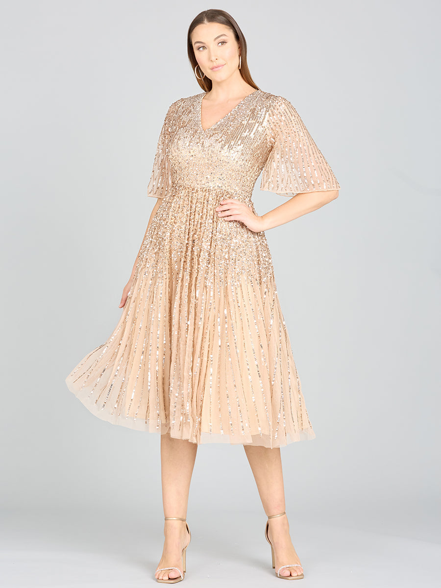 Flowing, Sequin Midi Dress with Short Sleeves | 29221 - JUSTLUXURY