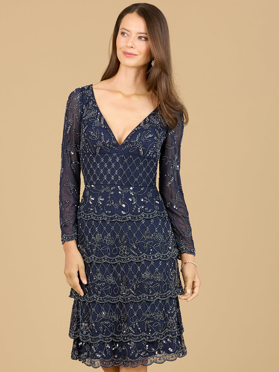 Knee Length, Long Sleeve Cocktail Dress - JUSTLUXURY