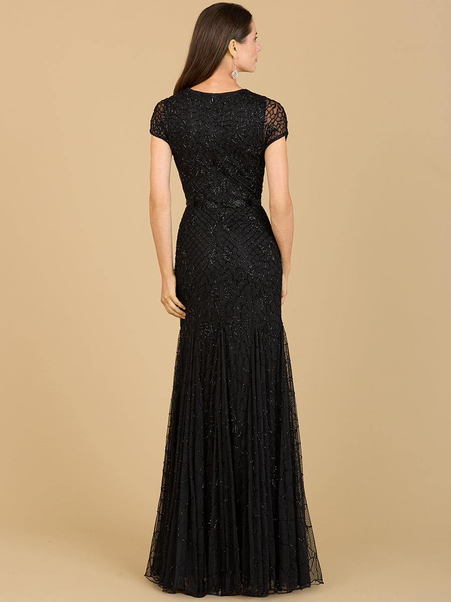 Beaded Mermaid Cap Sleeve Gown - JUSTLUXURY