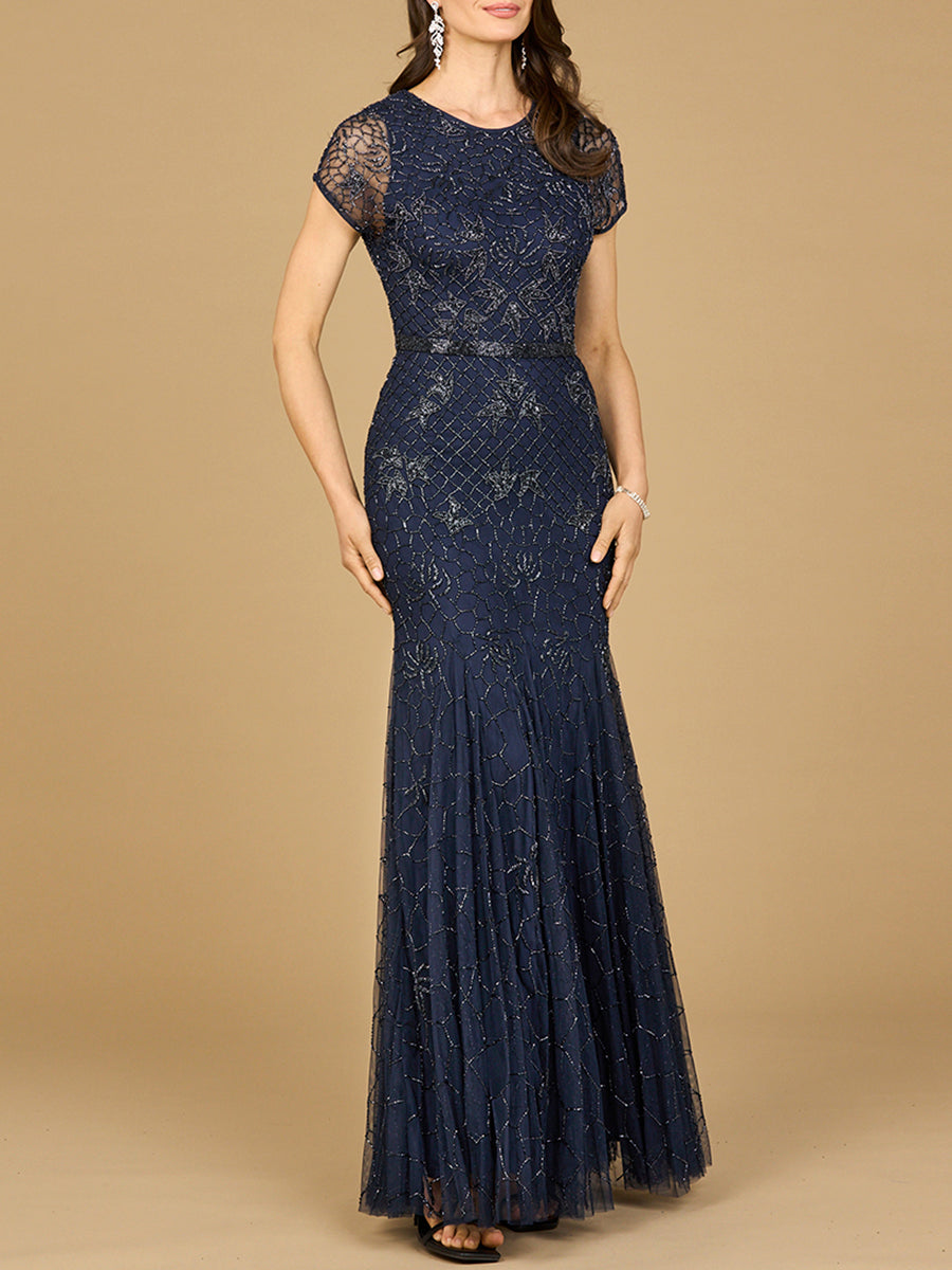 Beaded Mermaid Cap Sleeve Gown - JUSTLUXURY