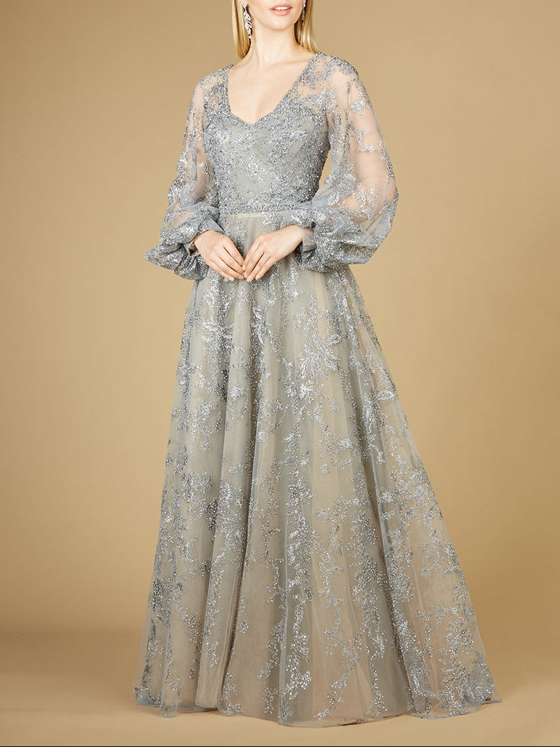 V Neckline Balloon Sleeve Gown - JUSTLUXURY