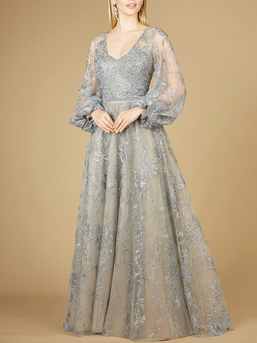 V Neckline Balloon Sleeve Gown - JUSTLUXURY