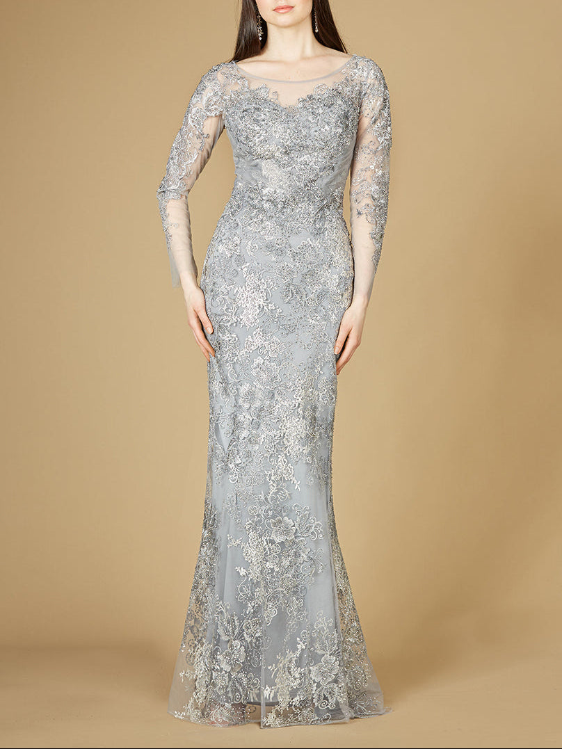 High Neck Long Sleeve Fitted Lace Gown - JUSTLUXURY