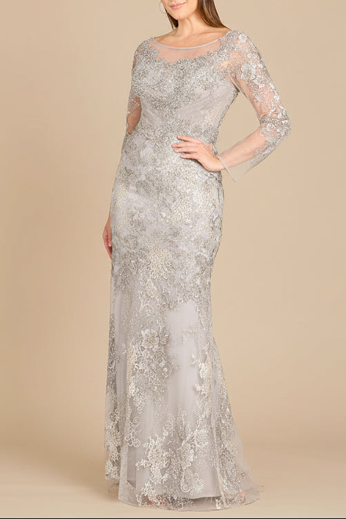 High Neck Long Sleeve Fitted Lace Gown - JUSTLUXURY