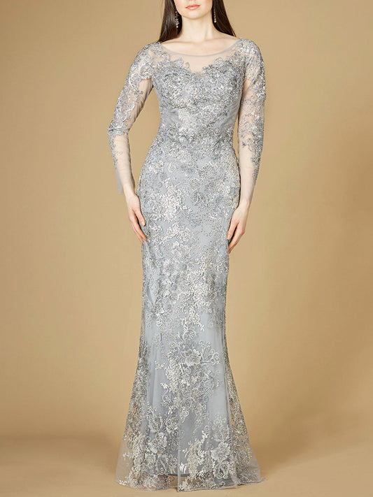 High Neck Long Sleeve Fitted Lace Gown - JUSTLUXURY