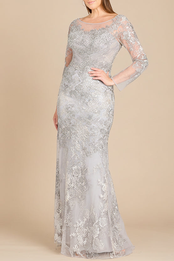 High Neck Long Sleeve Fitted Lace Gown - JUSTLUXURY