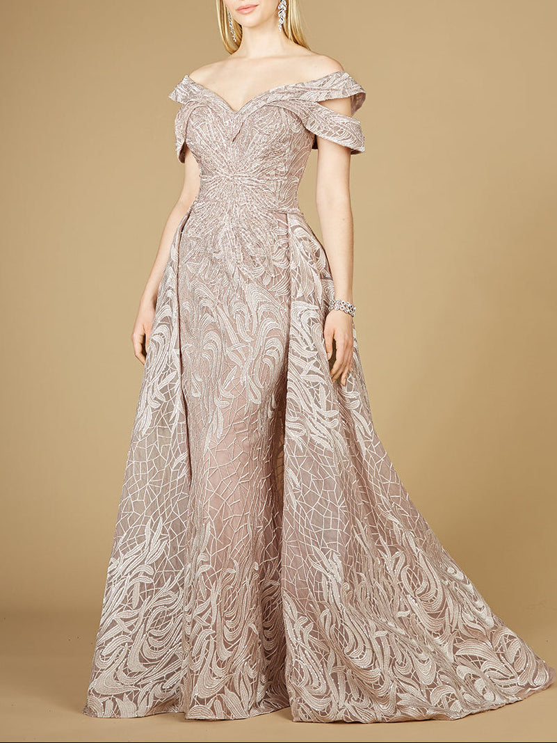 Off Shoulder Mermaid Lace Gown with Overskirt - JUSTLUXURY