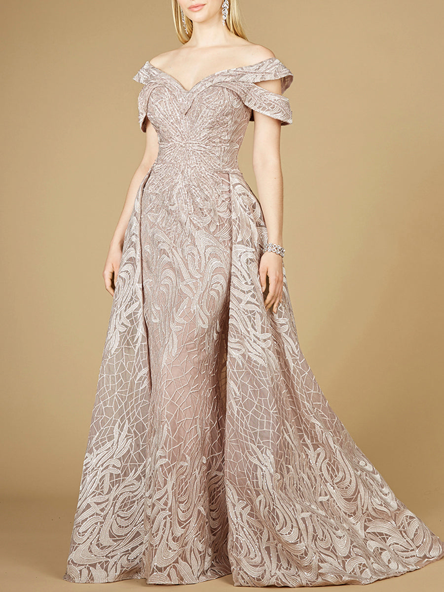 Off Shoulder Mermaid Lace Gown with Overskirt - JUSTLUXURY