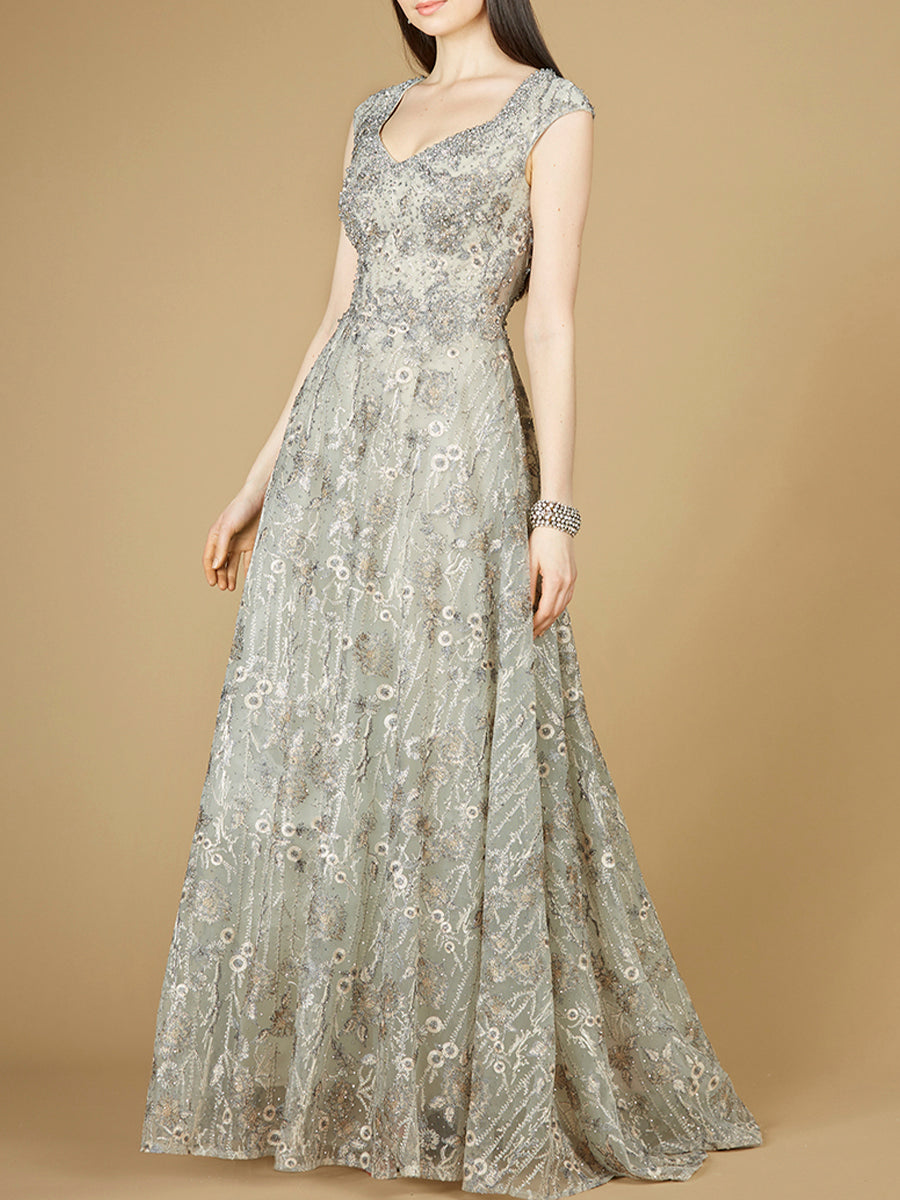 Cap Sleeve V-Neck Lace A-line Gown - JUSTLUXURY