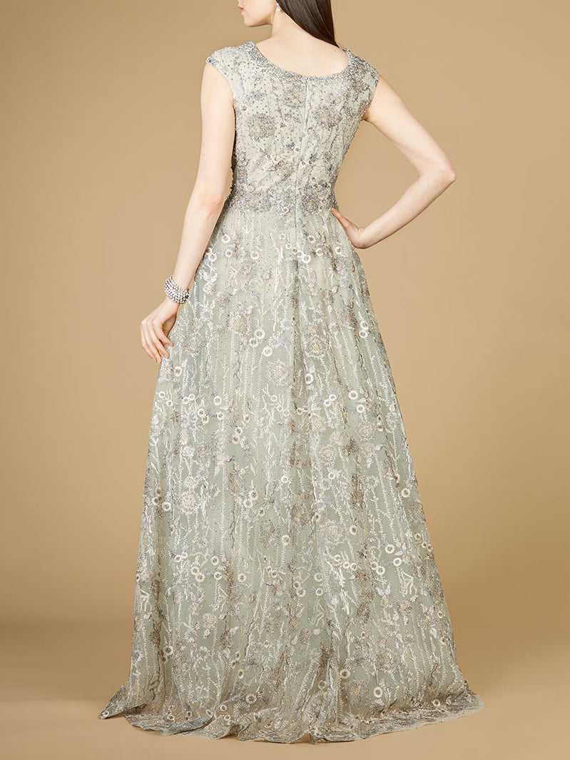 Cap Sleeve V-Neck Lace A-line Gown - JUSTLUXURY