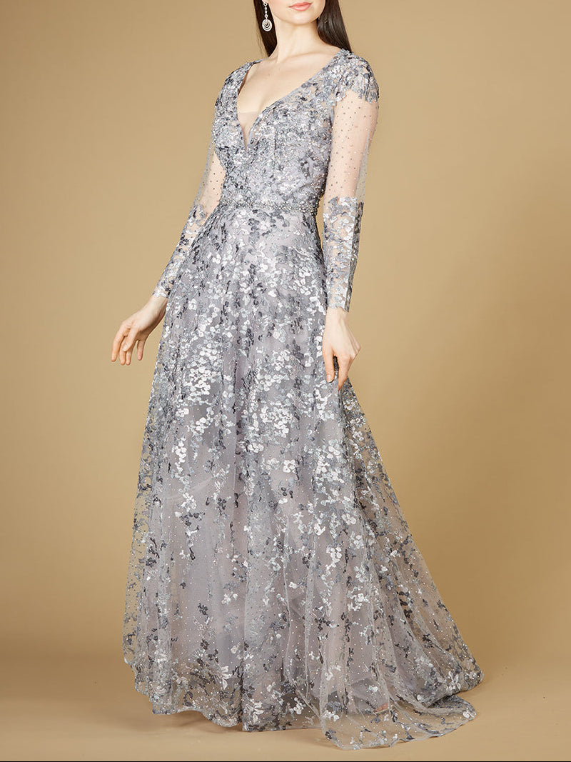 A-line Gown With Long Sleeves, V-Neckline - JUSTLUXURY