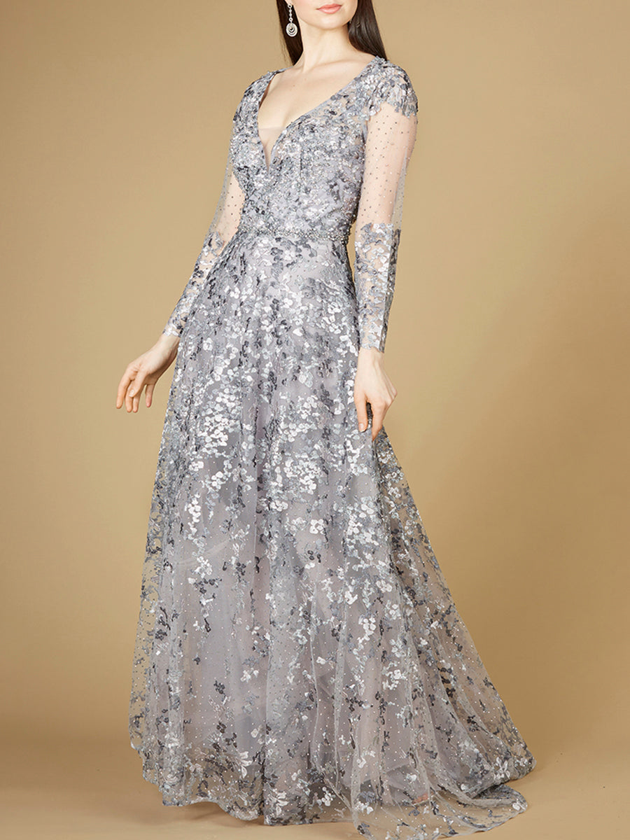 A-line Gown With Long Sleeves, V-Neckline - JUSTLUXURY