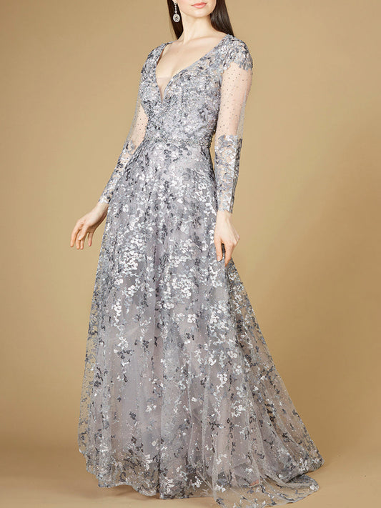 A-line Gown With Long Sleeves, V-Neckline - JUSTLUXURY