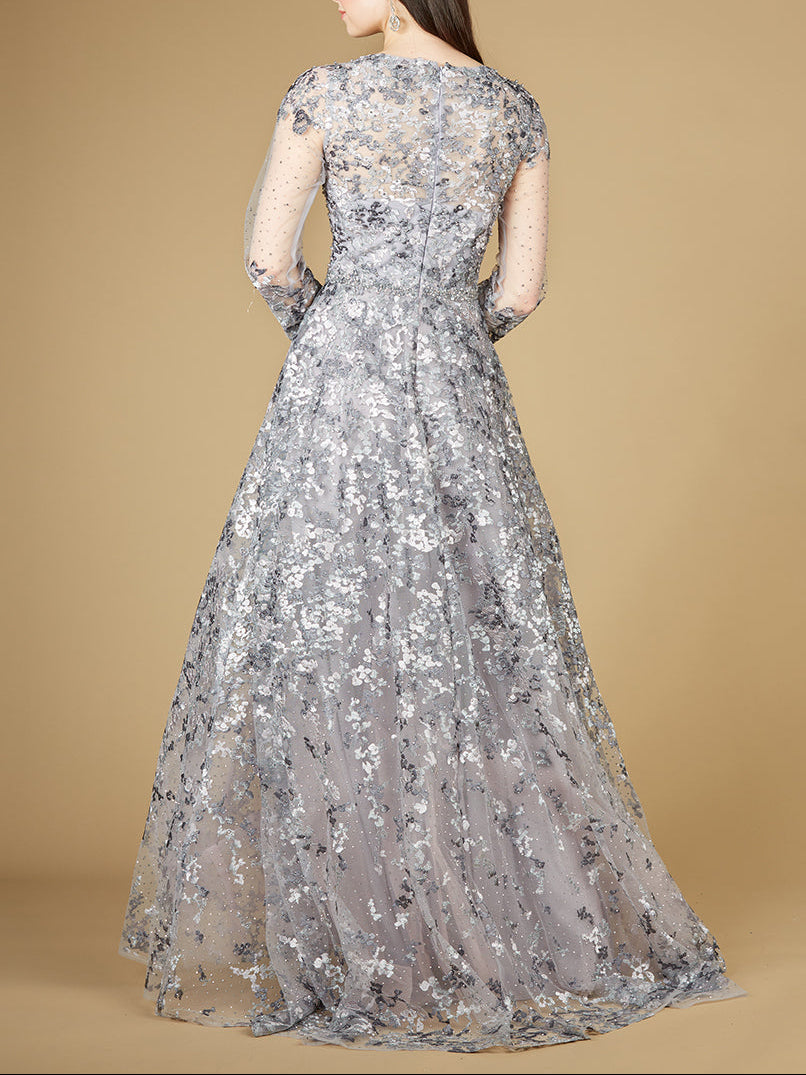 A-line Gown With Long Sleeves, V-Neckline - JUSTLUXURY