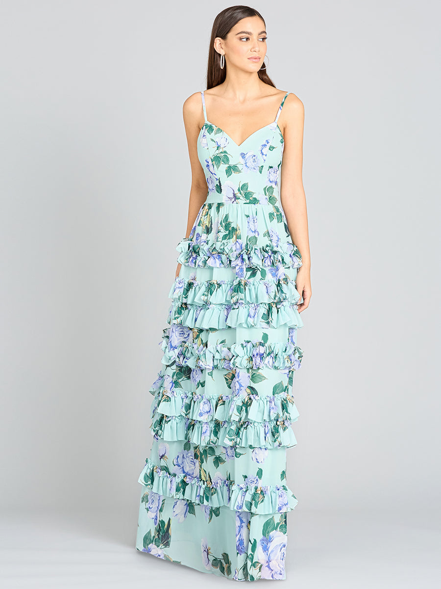 Ruffle Skirt Printed Gown with Spaghetti Straps - OUTLET - JUSTLUXURY