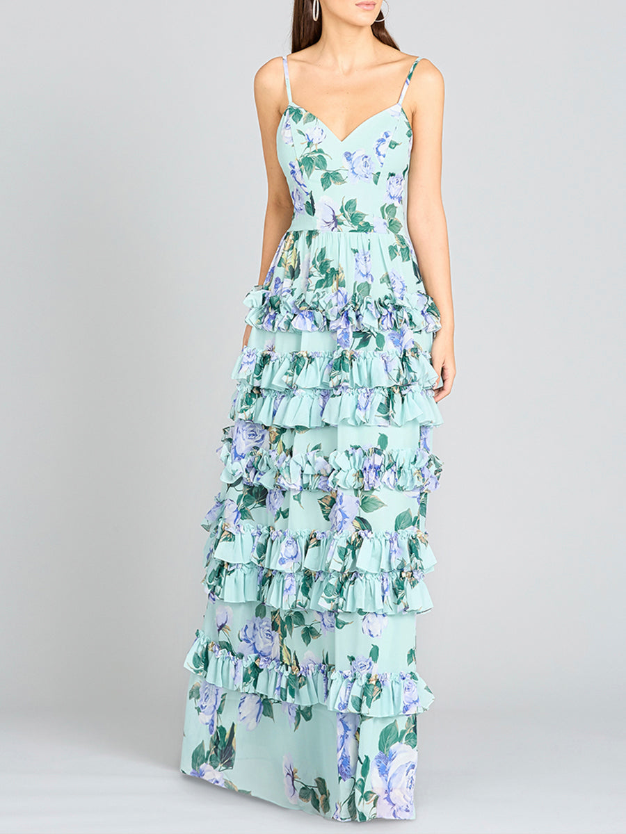 Ruffle Skirt Printed Gown with Spaghetti Straps - OUTLET - JUSTLUXURY