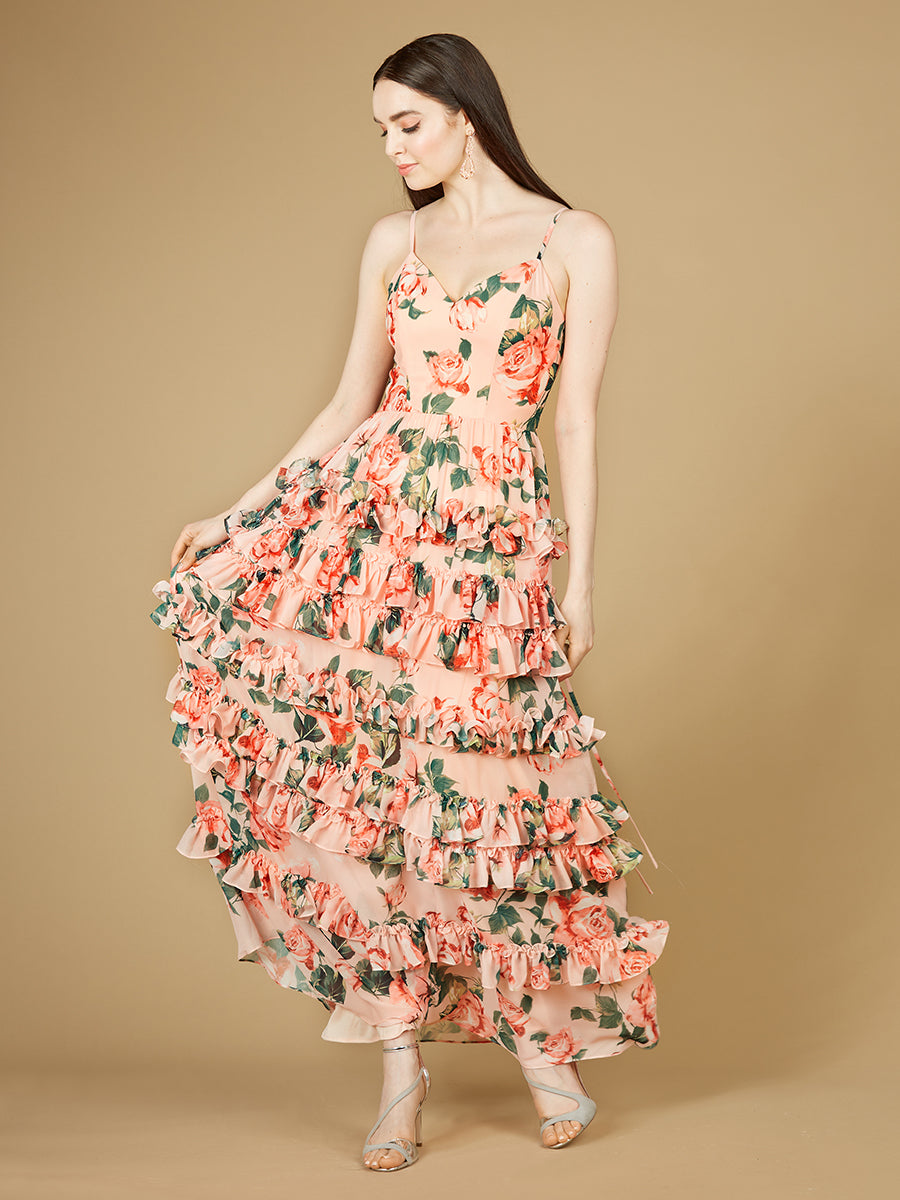 Ruffle Skirt Printed Gown with Spaghetti Straps - OUTLET - JUSTLUXURY