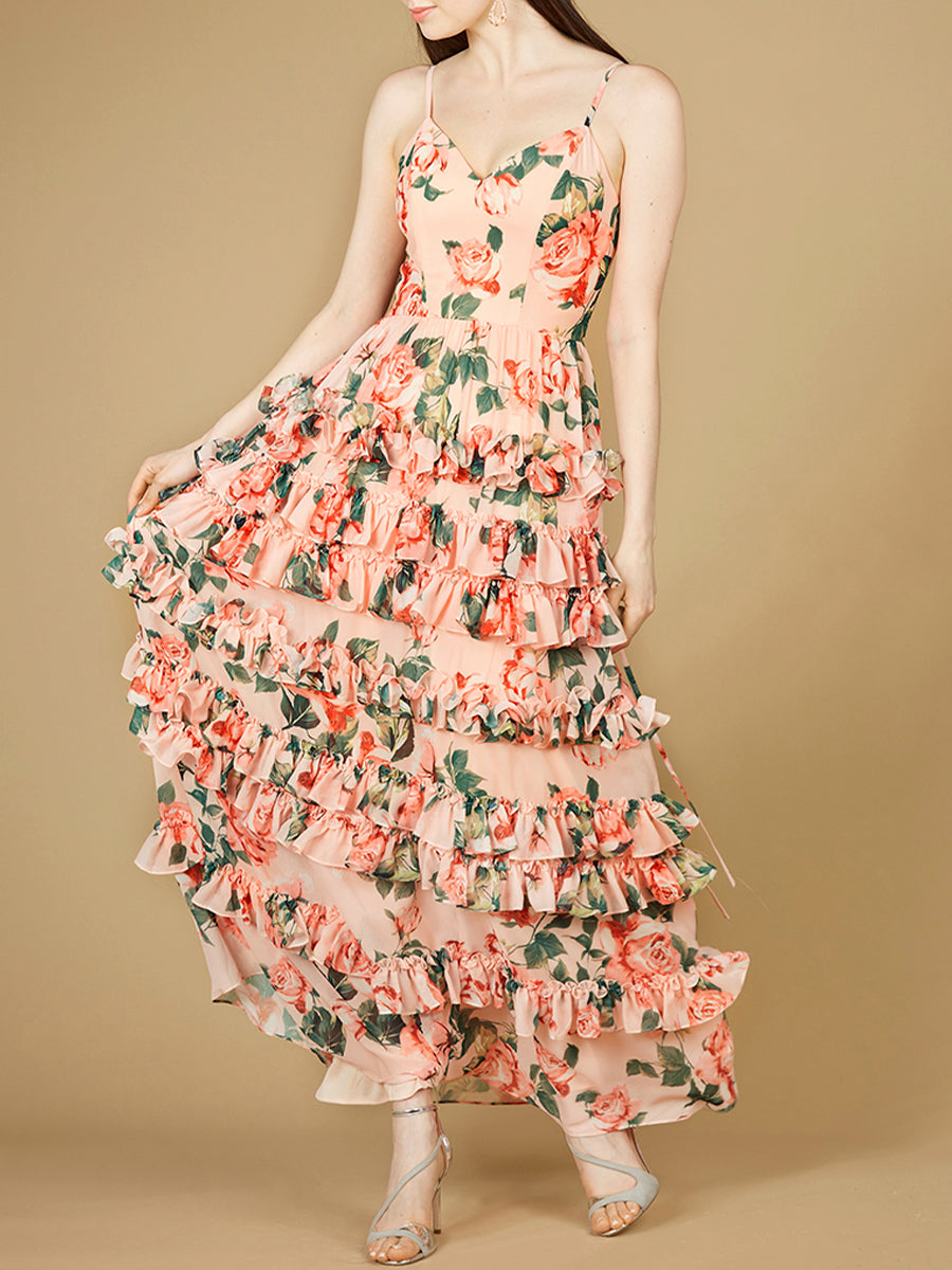 Ruffle Skirt Printed Gown with Spaghetti Straps - OUTLET - JUSTLUXURY