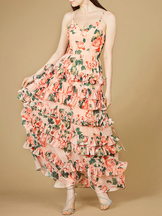 Ruffle Skirt Printed Gown with Spaghetti Straps - OUTLET - JUSTLUXURY