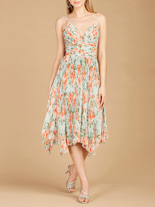 V-Neck Printed Midi Length Dress with Pleats - OUTLET - JUSTLUXURY