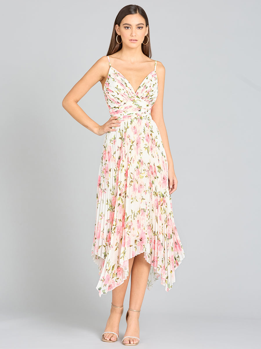 V-Neck Printed Midi Length Dress with Pleats - OUTLET - JUSTLUXURY