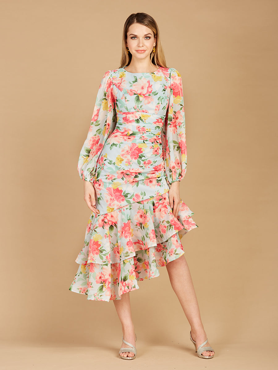 High Neck, Lace Up, Long Sleeve Printed Midi Dress - OUTLET - JUSTLUXURY