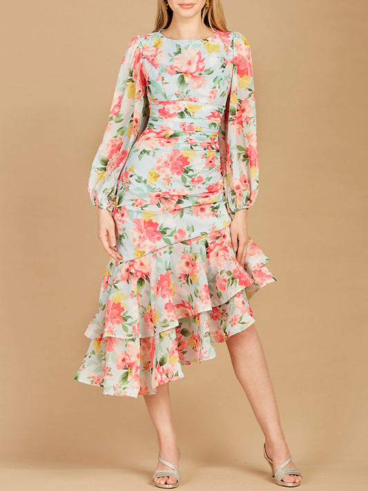 High Neck, Lace Up, Long Sleeve Printed Midi Dress - OUTLET - JUSTLUXURY