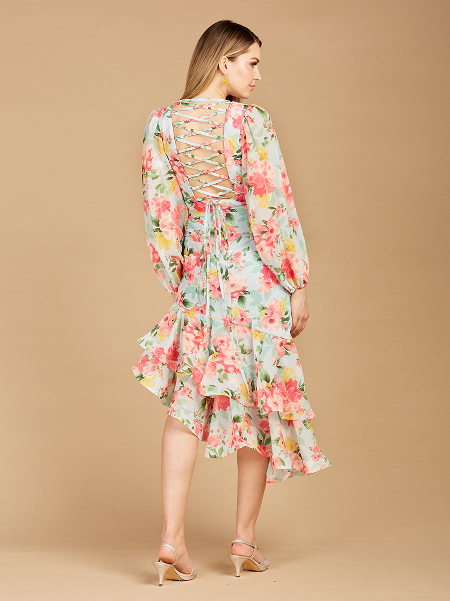 High Neck, Lace Up, Long Sleeve Printed Midi Dress - OUTLET - JUSTLUXURY