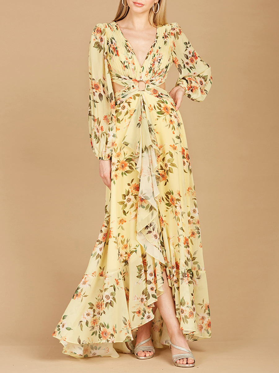 Long Sleeve V-Neck, Layered Skirt Print Dress- OUTLET - JUSTLUXURY