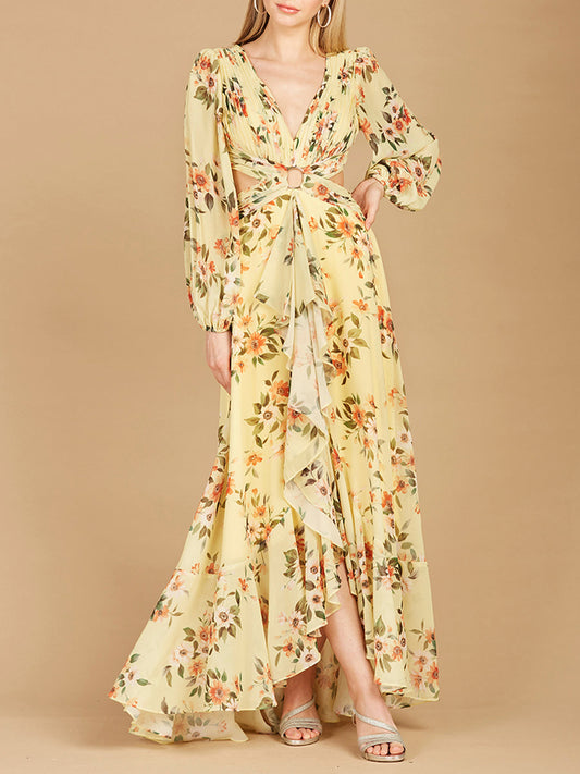 Long Sleeve V-Neck, Layered Skirt Print Dress- OUTLET - JUSTLUXURY